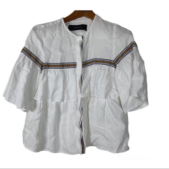 Zara linen ruffle peplum layers Boho Blouse 3/4 sleeves Hidden Buttons up SZ XS - Picture 9 of 9